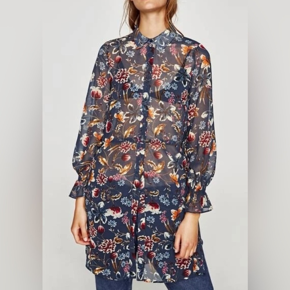 Zara Navy Floral Sheer Thigh Length Button Down Blouse